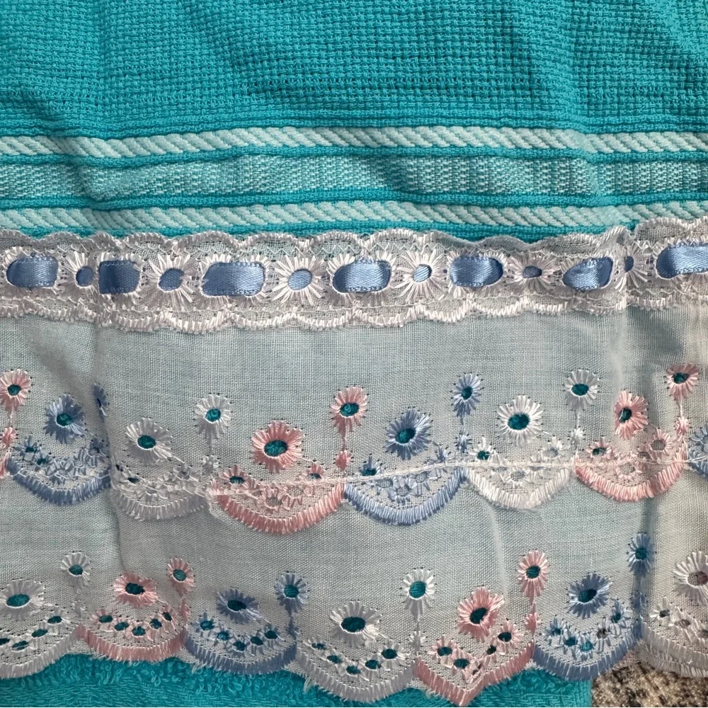 Vintage De Limas Brazilian Blue Cotton Bath & Hand Towel Set w/ Embroidered Hem